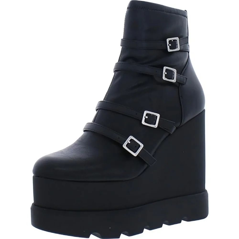 🆕️ Jessica Simpson Chaela Black Multi Buckle Wedge Heel Platform Goth Punk 10